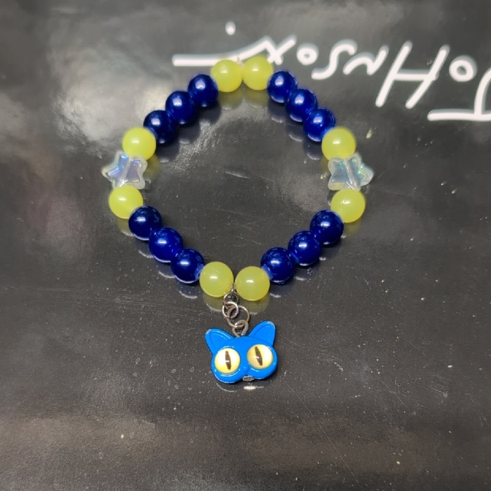 Blue and Yellow Glow Bracelet with Cat Charm